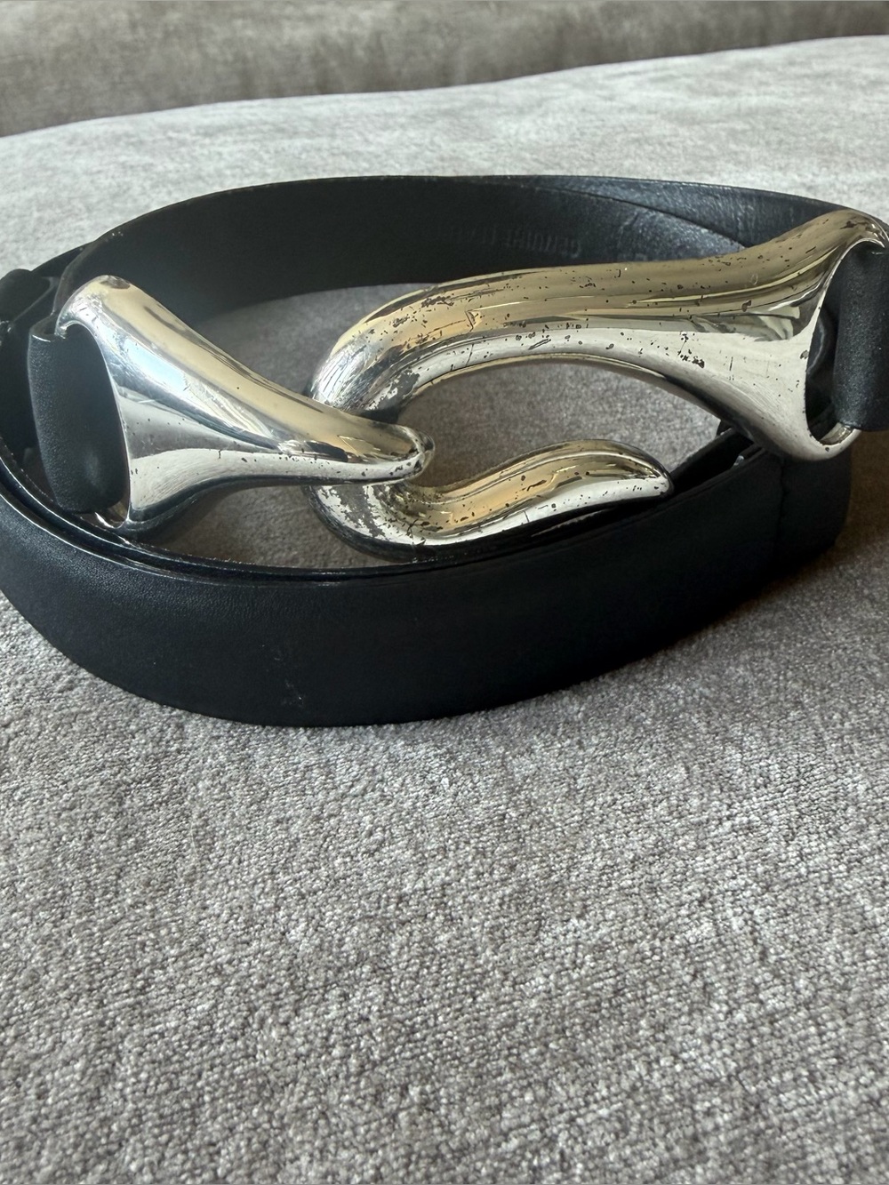 Chico's Black Leather Belt M/L Silver Hook Buckle Sculptural Modernist Statement